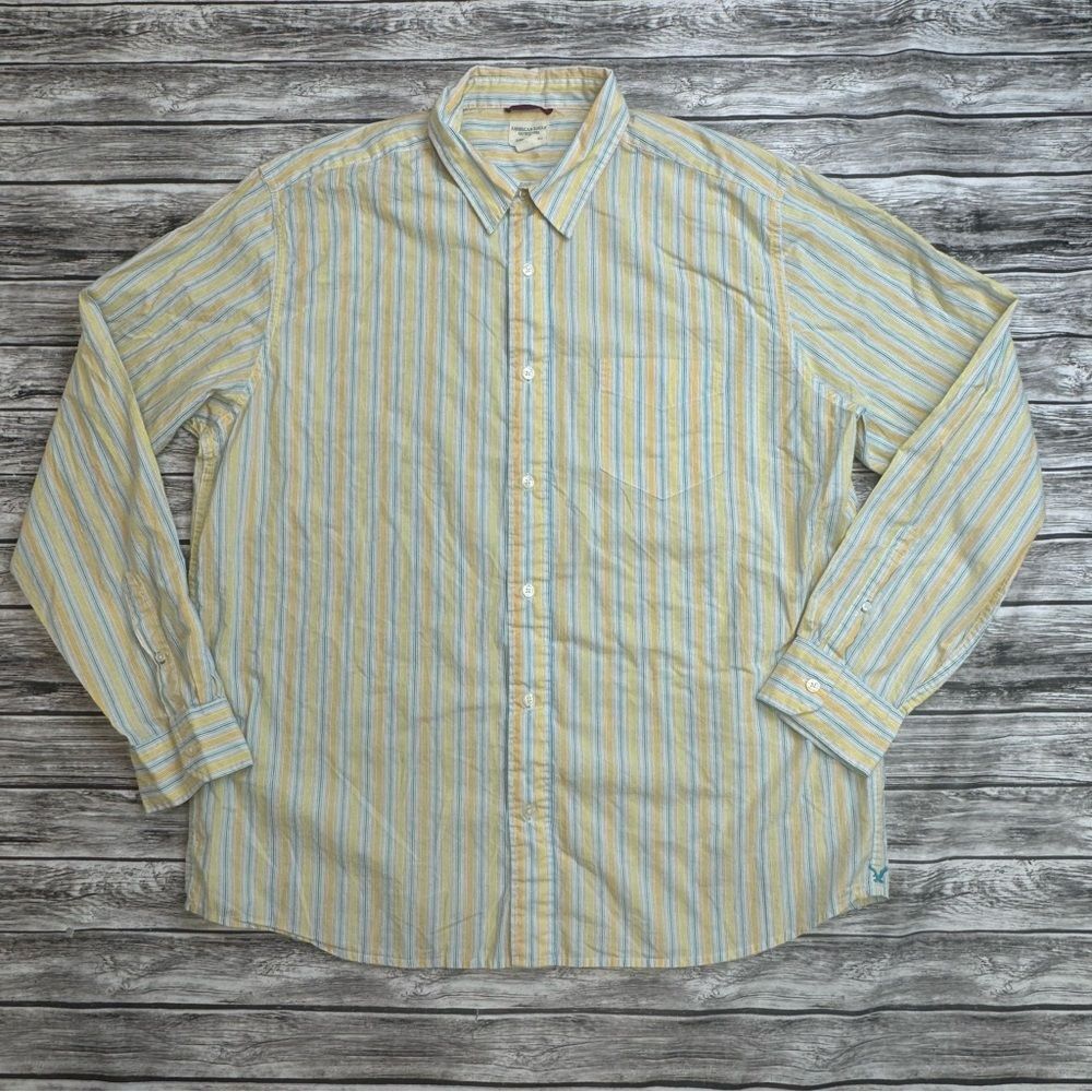 Men's American Eagle Outfitters XL Yellow Blue Striped Button Down Shirt